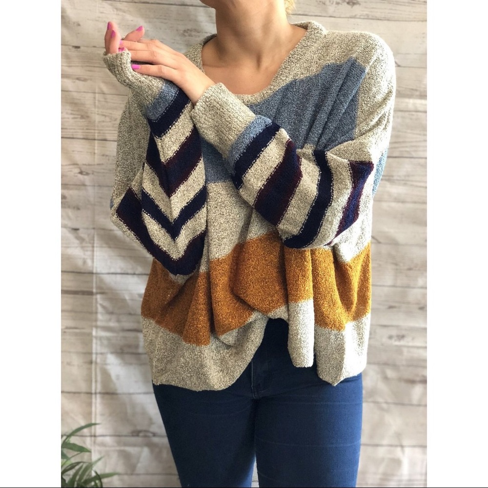 1 Left! Grey Multi Color Striped Oversized Sweater - Picture 4 of 6